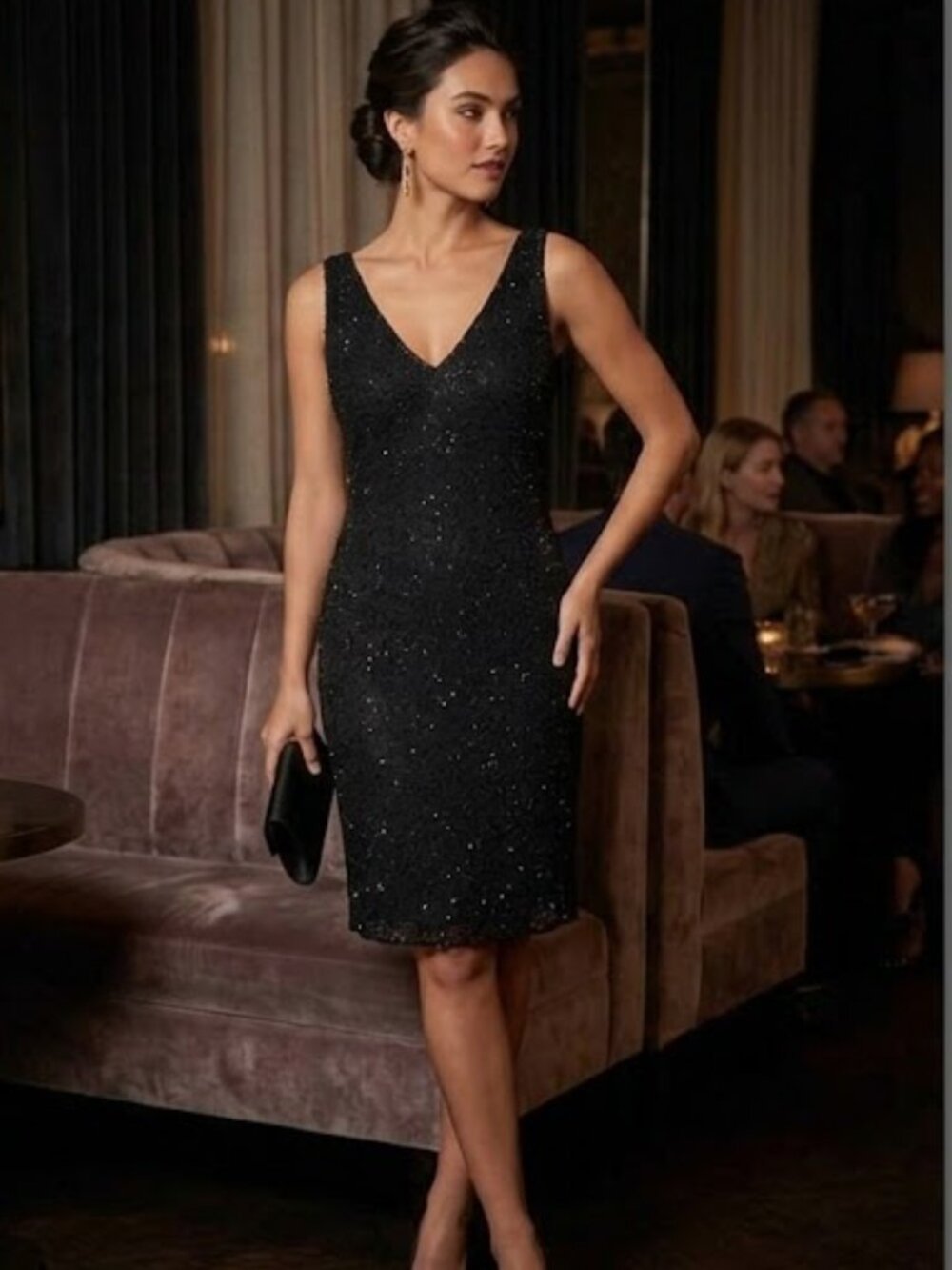 Jmd New York Black Beaded V-Neck Evening Dress Size L NWT